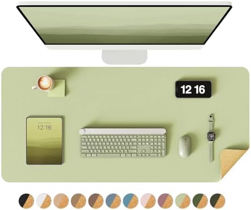 YSAGi Double-Sided Desk Pad, 35.4"x17" Leather & Cork, Matcha Green/Cork