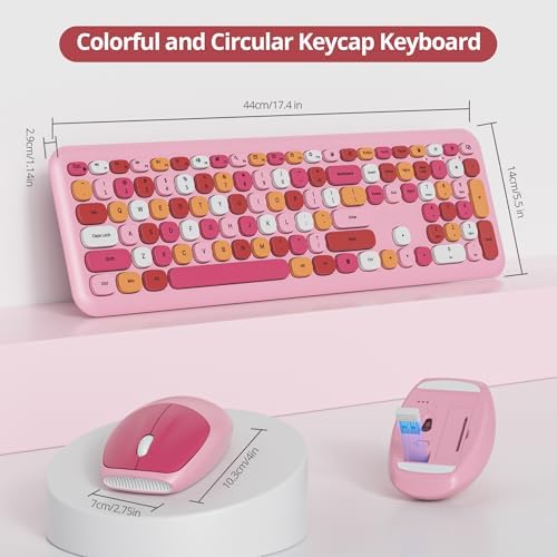 Surmen Cute Colorful Pink Keyboard and Mouse Wireless Silent, Full-Size Retro Typewriter Wireless Quiet Office Keyboard Low-Noise 2.4GHz for Computer, Desktop, Laptop(6-Colorful Pink)