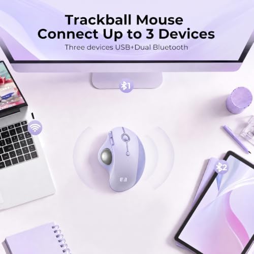 seenda Wireless Trackball Mouse, Ergonomic Bluetooth Mouse,Light Purple
