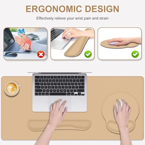 4 PCS Mouse Pad Desk Mat Protector, Keyboard Wrist Rest + Comfortable Mouse Pad Wrist Rest +Coaster, Large Gaming Mousepad for Computer Laptop, 35.4"X 15.7" Deskpad for Office Home I Sand Color