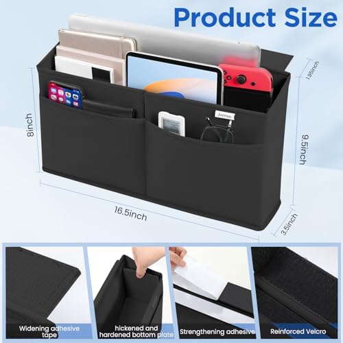 Desk Side Hanging Organizer, Adhesive Storage Bag with Pockets for Magazine Ipad Notebook, for End Tables Home Office Desks Computer Workstations Dressing Table, Black