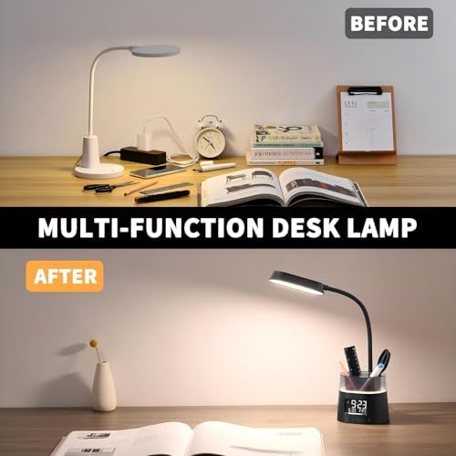 Led Desk Lamp with Pen Holder, Touch Lamps for Nightstand Eye-Caring Bedside Reading Light with Clock, Office Lamps Stepless Dimming, Lamp for Dorm Room, Suitable for Kid/Girl/Boy (Black)