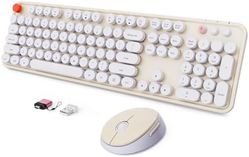 Wireless Keyboard and Mouse Combo, Ergonomic Full Size Typewriter Retro Round Keycaps Keyboard, Compatible with Windows, PC, Perfer for Home and Office Keyboards (Beige