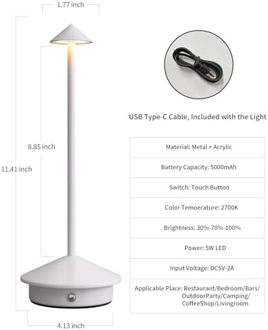 Modern Cordless Table Lamp Set of 2, White Portable LED Desk Lamps