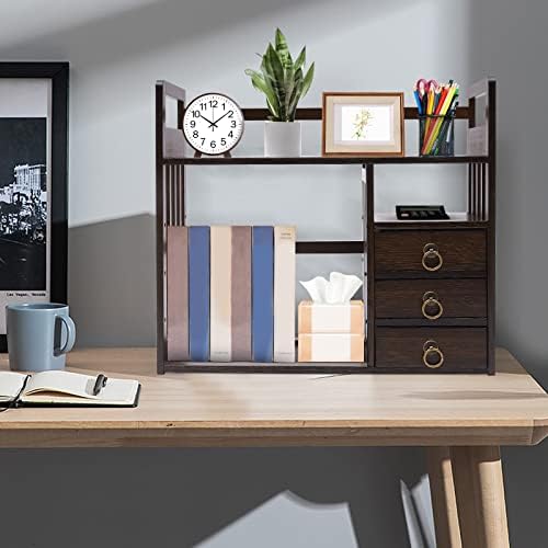 Bamboo Desk Book Shelf,Desktop Bookshelf Storage Rack Tabletop Standing Organizer Bookshelf with 3 Drawers,Freestanding Desk Bookcase for Home Dormitory Offices (Nut-Brown)