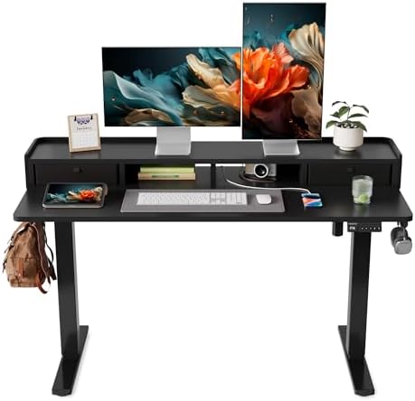 YIHAYO Electric Standing Desk with Drawers, 55 x 24 Inches Adjustable Desk with Storage Shelf, Stand Up Desk with Splice Board, Computer Table for Home Office, Black Frame/Black Top