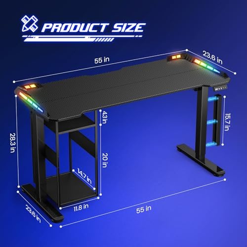 55" x 24" Electric Gaming Standing Desk with LED Lights & Host Shelf