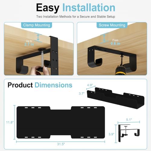 No-Drill Under Standing Desk Cable Management,31.5" L,Black