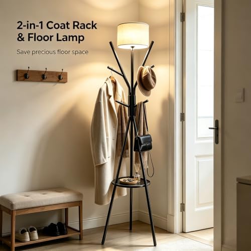 Black Coat Rack Floor Lamp, Metal Standing Lamp with Storage Table, 3 Color Dimmable Tall Lamp with Multi Hooks Coat Rack, Corner Floor Light for Living Room Bedroom Apartment Entryway
