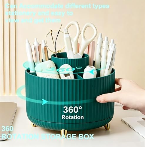 Pencil Pen Holder 5 Slots 360°Degree Rotating Pen Organizers for Desk Desktop Storage Stationery Supplies Cute Pencil Cup Pot Kids Desk Organizer for Office Home School（Green）