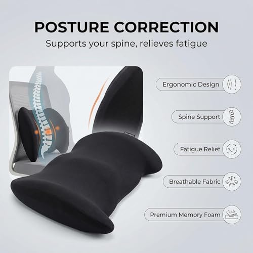 Lumbar Support Pillow Memory Foam Back Cushion for Sciatica & Lower Back Pain Relief Orthopedic Posture Corrector for Office Chair Gaming Chair Car Seat Breathable Washable - Black