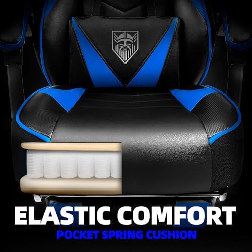 Vonesse Gaming Chair, High Back Gaming Chair with Footrest and Massage, Gaming Chairs for Adults with Pocket Spring Cushion, Big and Tall Reclining Computer Chair with Lumbar Support (Blue/Black)
