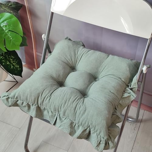 Tufted Cotton Chair Cushions Set of 2 Solid Color Soft Comfort Chair Pads with Ruffles Farmhouse Country Seat Cushions for Kitchen Indoor Dining Room Patio Chairs (Green,17"x17")