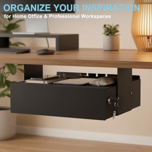 Under Desk Drawer with Lock, 13.8 Inch Slide-Out Metal Storage Drawer,Black