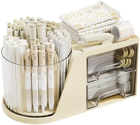 Desk Organizer with Rotating Pencil Pen Holder and 2 Small Drawers, Desk Caddy for Office Workspace Organization and Storage (Beige)