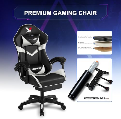 Ergonomic Gaming Chair, High Back PU Leather Office Chair with Footrest, Adjustable Lumbar Support & Headrest, 360° Swivel Computer Chair for Adults, White & Black