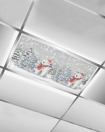 Gray Christmas Magnetic Fluorescent Light Covers for Ceiling Lights 2 x 4 Feet,Snowflakes Retro Snowy Xmas Tree Bear Office Classroom Kitchen Drop Ceiling Light Covers Filters Shade Panel 1 Pack