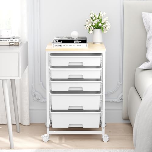 SYKIARIOL Rolling Cart with Drawers, 5 Drawers Utility Cart, Bright White