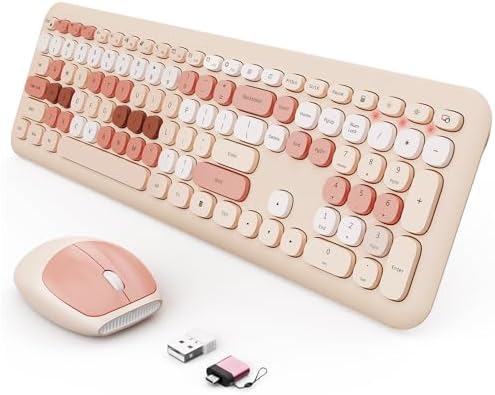 SkyGive Wireless Keyboard and Mouse Combo, Colorful Ergonomic Full Size Retro Low-Noise Keyboard with Cute Keycaps, Neutral Brown Keyboard, Compatible with Windows, PC, Perfect for Home and Office