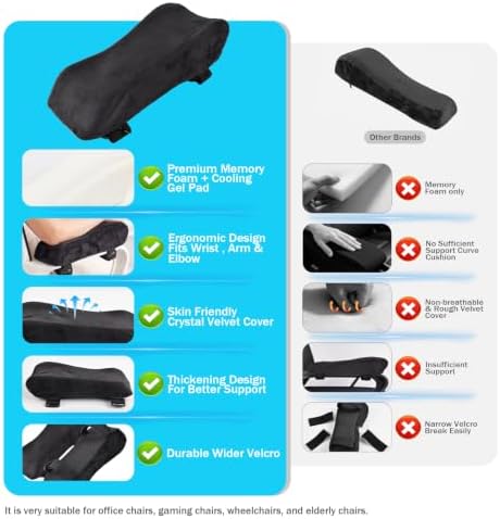 THARAHT 2pcs Ergonomic Black Suede Memory Foam Office Chair Armrest Pillow Anti Slip Adjustable Office Games Home Wheelchairs