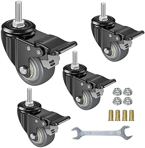 2 Inch Swivel Caster Wheels Set of 4, Metric M8-1.25 Threaded stem(Bolt Diameter 8mm, Length:1″) Durable Soft Rubber casters with Double Lock Mechanism, castors for Carpet Hardwood Floor