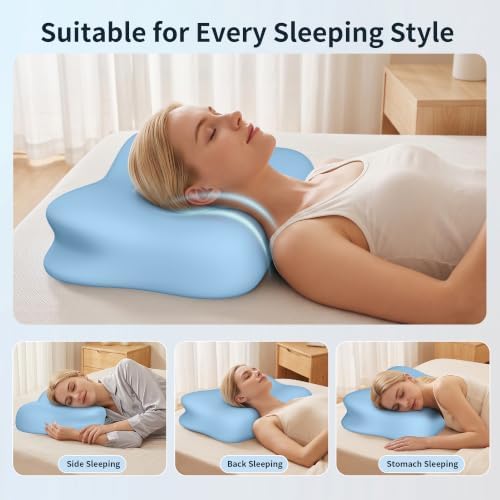 Cervical Pillow for Neck Pain Relief, Memory Foam Neck Pillow for Sleeping, Ergonomic Side Sleeper Pillow, 2 Heights Contour Orthopedic Pillow Deep Sleep Pillow for Side Back Stomach Sleepers (Blue)
