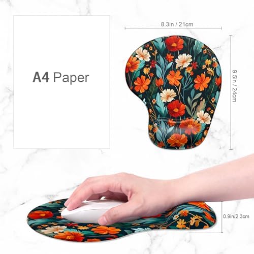 ITNRSIIET Ergonomic Mouse Pad Coaster Set with Gel Wrist Support Wrist Rest Smooth Surface Non-Slip PU Base Comfortable Office Supplies Pain Relief, 9.5 x 8.3 inches, Beautiful Flowers