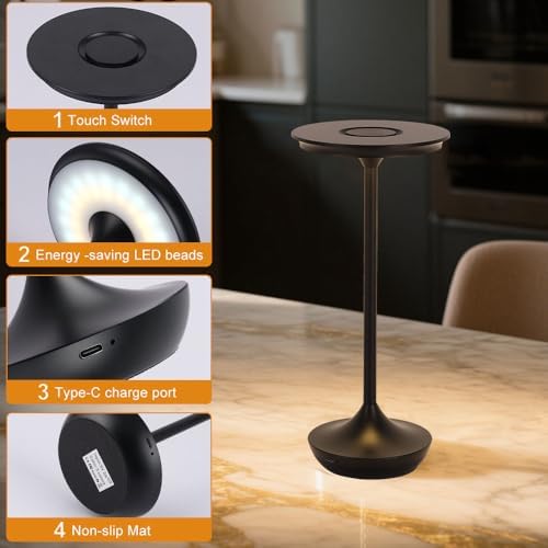 2 Pack Cordless Rechargeable Table Lamps, Portable 6000mAh Battery Desk Lamp Waterproof 3 Color Stepless Dimming Black LED Table Light with Memory Function for Outdoor/Dinning/Patio/Restaurant (2Pack)