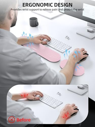 Ergonomic Wrist Rest, Full-Size Keyboard & Mouse Wrist Support Pad, Pink