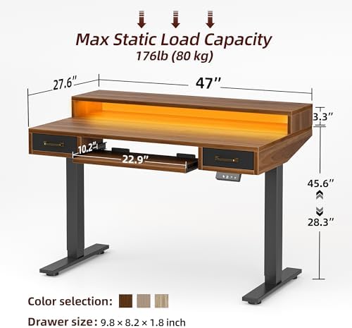 TIQLAB Standing Desk with Two Drawers, Stand Up Standing Desk Adjustable Height, Electric Sit Stand Table with Storage Shelf and Splice Board, with LED Light, 47 * 28 inch, Black Walnut