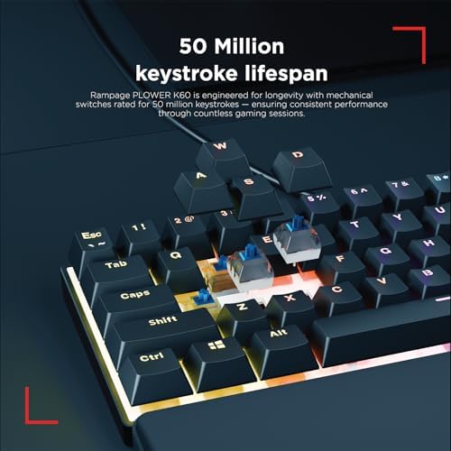Rampage Plower K60 Mechanical Gaming Keyboard – 62 Keys, LED Backlit, Anti-Ghosting, 1.5M USB Wired, Compact 60% Layout, Windows & Mac Compatible, Black(Blue Switch)