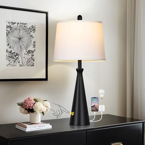 Rinweey 28" Black Touch Table Lamp with USB A+C Ports, 3-Way Dimmable Bedroom Lamp for Night Stand, Tall Modern Touch Lamp for Living Room End Table, Includes LED Bulb