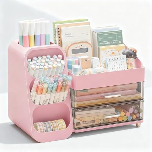 Desk Organizer with Pen Pencil Holder, Pen Organizer with 2 Drawers & 4 Compartments, Desktop Organizers and Storage for Office Home School Art Supplies (Pink)