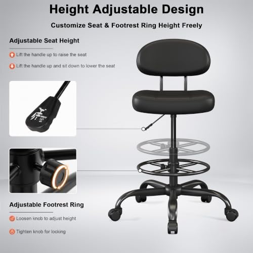 Armless Drafting Chair with Back, Tall Office Chair for Standing Desk, PU Faux Leather,Footrest Ring,Adjustable Height,360°Wheels for Bar Home Office