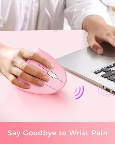 Ergonomic Mouse Wireless, Rechargeable Mouse Silent for Carpal Tunnel Right Hand, 2.4GHz USB Vertical Mouse Wireless for Laptop etc, 3 Adjustable 800/1200/1600 DPI, Pink