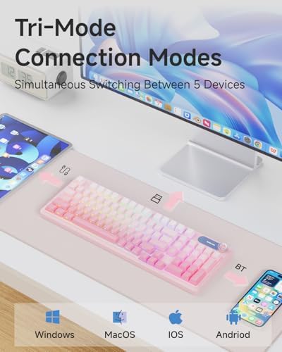 EWEADN V102 Wireless Keyboards, 98 Key Gaming Keyboard with Screen & Media Knob, Custom RGB Backlit, Tri-Mode BT5.0/2.4GHz/Wired Membrane Bluetooth Keyboard, Quiet Typing for PC/Mac-Gradient Pink