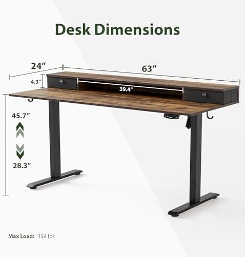 Agilestic 63 * 24 Inch Electric Standing Desk with Drawers, Rustic Brown