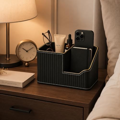 KINGFOM Luxury Black PU Leather Desk Organizer with Gold Trim, Premium Pen Holder for Desk Accessories, Modern Office Supplies Organizer for Home Office Desk Decor