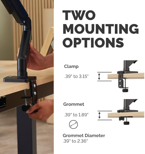 Fellowes Everyday Plus Single Gas Spring Monitor Arm Supports up to 32" Screens Weighing 4.4-19.84 lbs, Height Adjusting, Tilt, Swivel, Rotate, VESA 75/100, Clamp or Grommet Mount, Cable Management