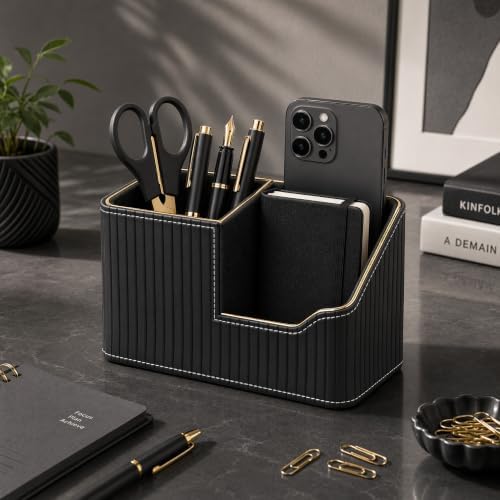 KINGFOM Luxury Black PU Leather Desk Organizer with Gold Trim, Premium Pen Holder for Desk Accessories, Modern Office Supplies Organizer for Home Office Desk Decor