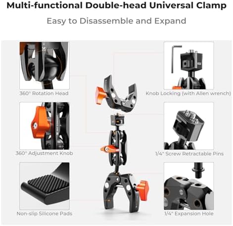 K&F CONCEPT Double Super Clamp Camera Mount with 1/4" Threads Metal Clamp
