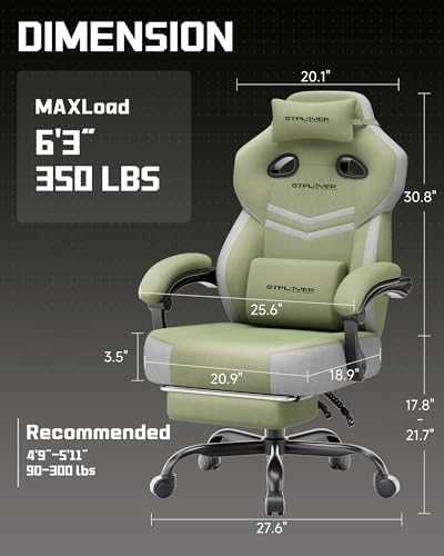 GTPLAYER Big & Tall Gaming Chair, Wide Seat with Footrest, Green
