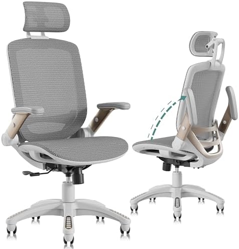 GABRYLLY Ergonomic Office Chair, High Back Home Desk Chair with 2D Flip-Up Arms, 3D Headrest, 90-120° Tilt and Wide Cushion, Big and Tall Mesh Chairs for Man Woman, White Computer Task Chair