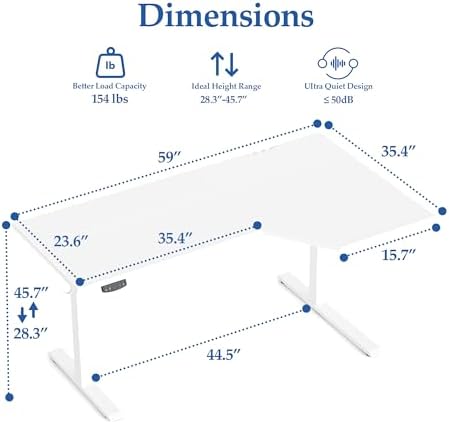 Klicelor L Shaped Standing Desk 59 x 35.4 Inch, Electric Height Adjustable Corner Desk for Home Office Workstation, Ergonomic Sit Stand Computer Table with Memory Controller, White