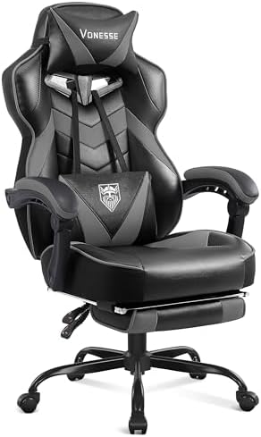 Vonesse Gaming Chair, High Back Gaming Chair with Footrest and Massage, Gaming Chairs for Adults with Pocket Spring Cushion, Big and Tall Reclining Computer Chair with Lumbar Support (Grey/Black)