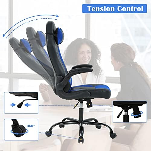 Blue Gaming Chair, PU Leather Gaming Chairs for Adults, Comfy Office Chair Ergonomic Desk Chair Computer Chair with Flip Up Arms, Swivel Reclining Gamer Chair, Height & Backrest Adjustable, 300 Lbs