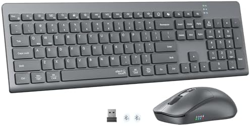 Wireless Keyboard and Mouse, 2.4GHz/Bluetooth Quiet Full Size Set, Gray