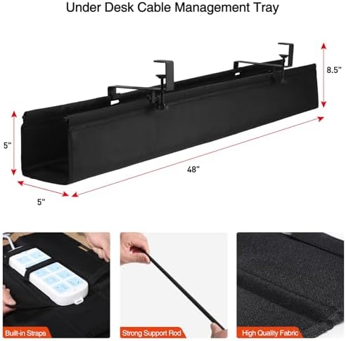 MAXECHO Under Desk Cable Management Tray 48" - Clamp on Wire and Cable Organizer for Storage and to Hide Cords - Ideal for Home Office - Premium Black Fabric Design