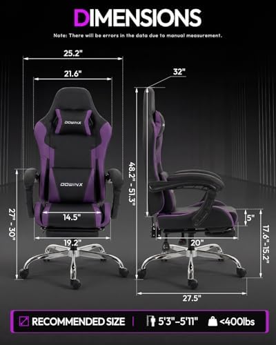 Dowinx Ergonomic Gaming Chair with Footrest & Massage Lumbar, 2D-Linkage Armrests for Computer Chair 330lbs with Headrest Pillow for Office, Home, Streaming and Long Gaming Sessions, Fabric Purple