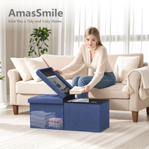 AmasSmile Footrest Ottoman Storage Bench, 34" Linen Folding Chest, Blue